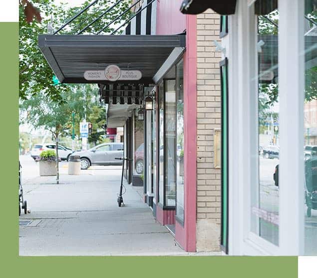 downtown Morris IL with shops and trees