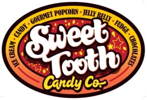 Sweet Tooth Candy Co. logo with assorted treats.