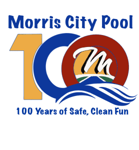 Morris City Pool centennial celebration logo with waves.