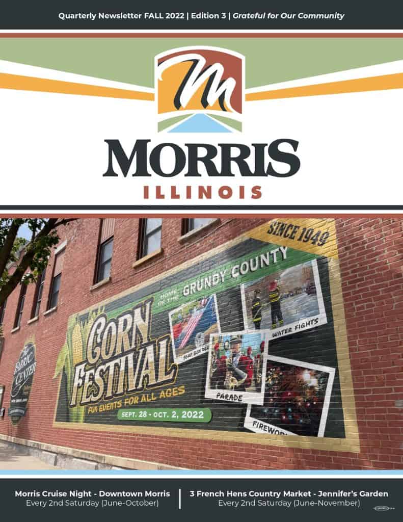 Morris Illinois Corn Festival mural and newsletter cover.