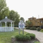 Park gazebo and vintage caboose train display.
