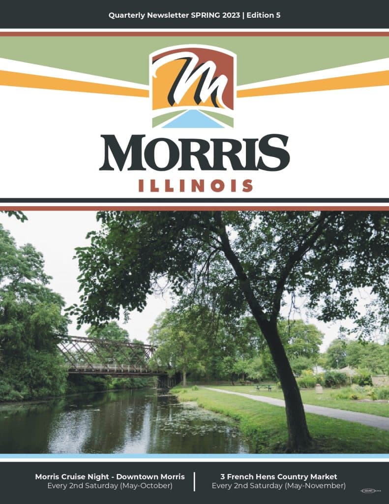 Morris, Illinois newsletter cover with scenic river bridge.